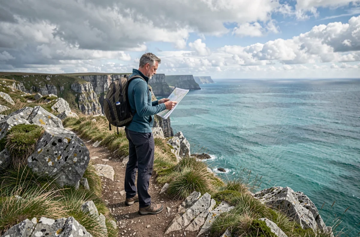 Homme de 50 ans en randonnée solo sur un sentier côtier à l'étranger, consultant une carte face à un panorama maritime spectaculaire
