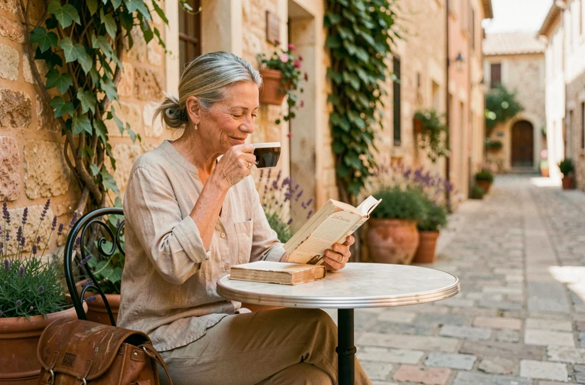 Femme de 50 ans en vacances solo dans un village provençal, savourant un café en terrasse avec un livre et un sac de voyage