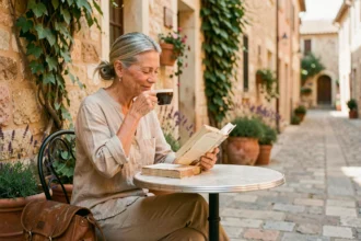 Femme de 50 ans en vacances solo dans un village provençal, savourant un café en terrasse avec un livre et un sac de voyage