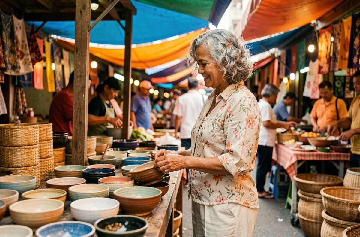 Femme de 55 ans en voyage solo à l'étranger, explorant un marché artisanal asiatique animé avec curiosité et sérénité