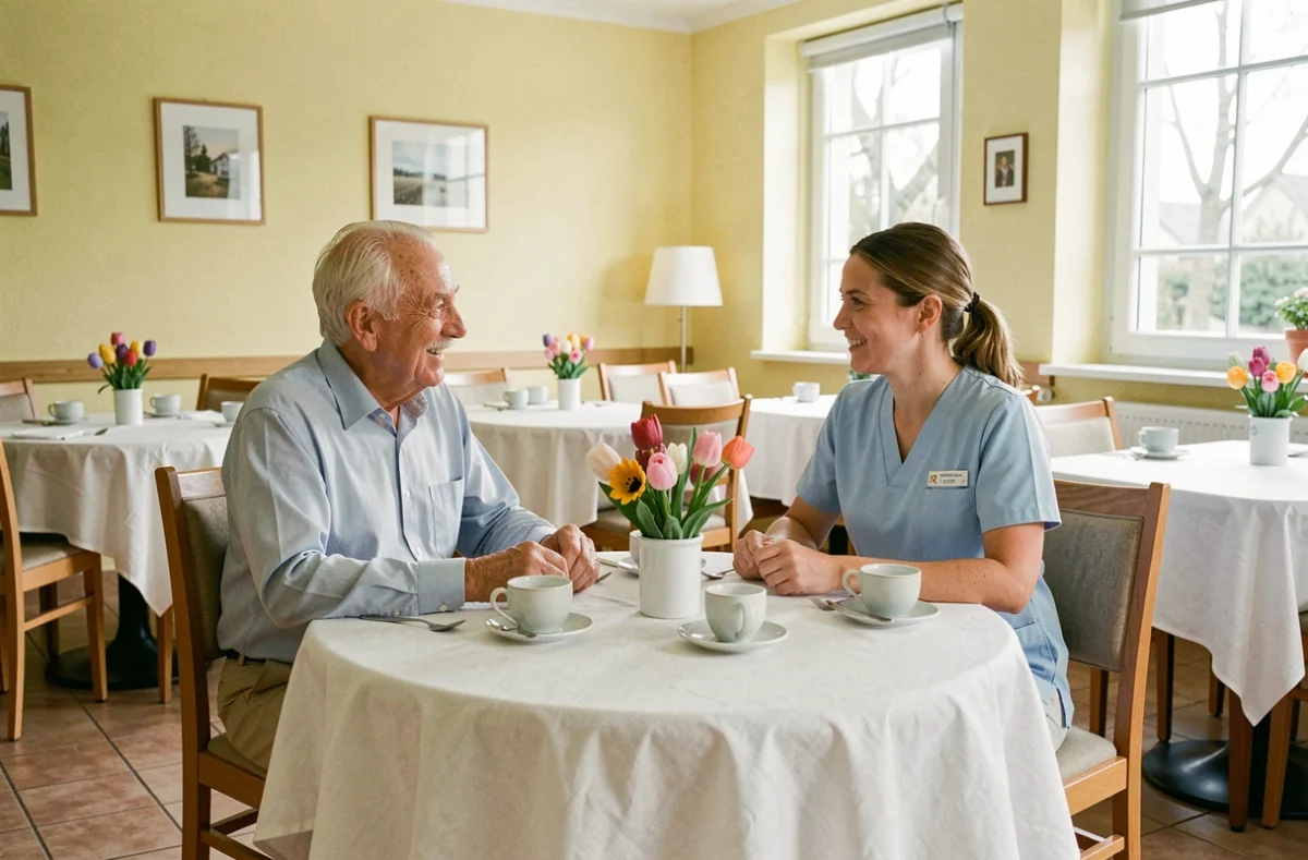 Résident et soignante en discussion à la Villa d'Avril à Saint-Avold