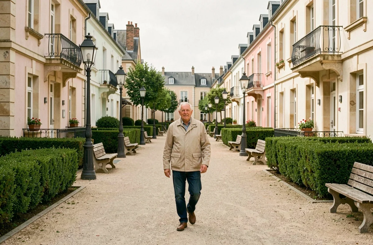 Senior se promenant sur l'allée centrale du Village Senior La Promenade Royale de Dreux