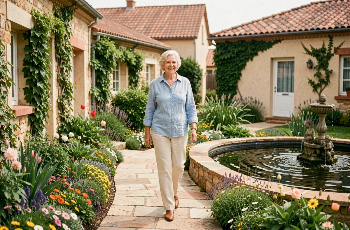 Femme senior se promenant dans le parc verdoyant du Village Senior La Promenade des Sources de Contres