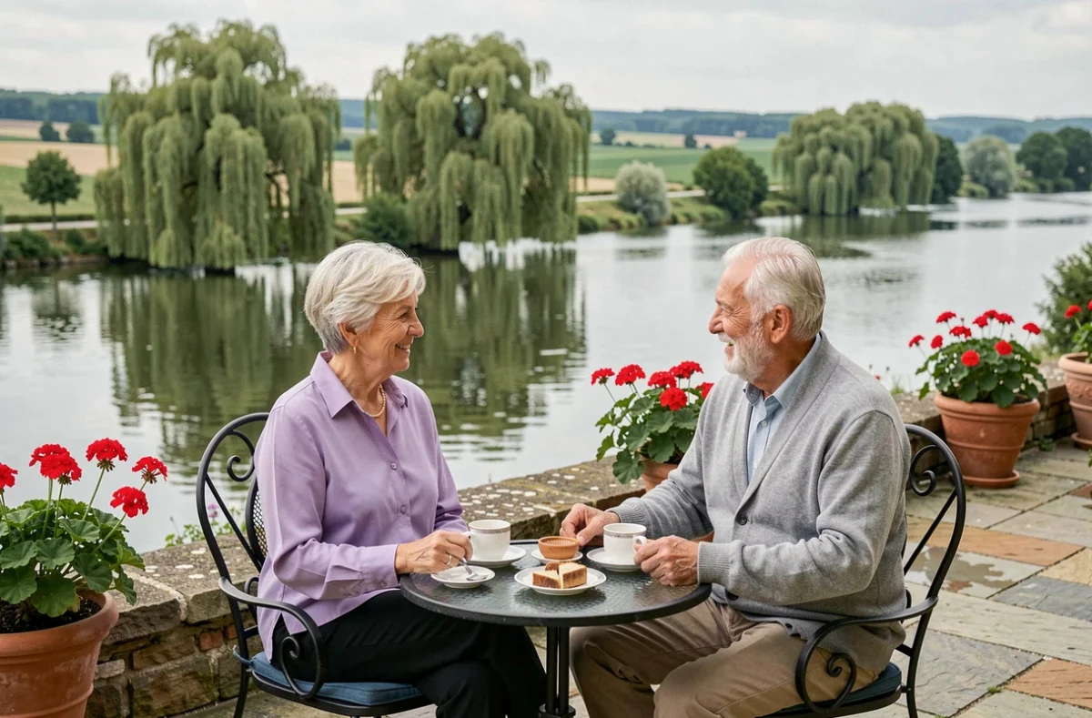 Couple senior profitant de la terrasse avec vue sur la Loire au Village Senior La Promenade des Thermes de Saint-Denis-sur-Loire