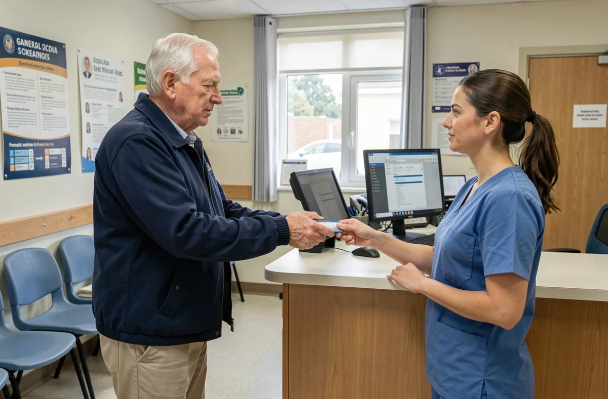 Un homme de 71 ans remet son permis de conduire à une réceptionniste médicale lors d'une visite médicale obligatoire pour le renouvellement après 70 ans