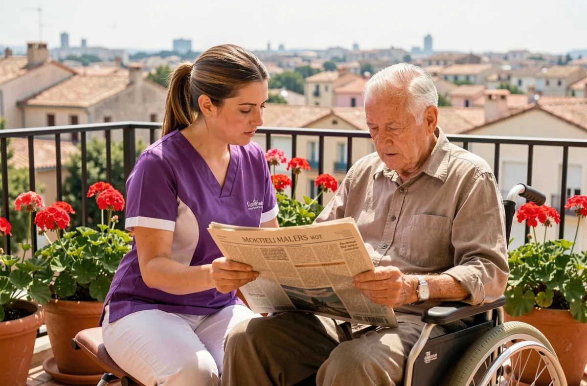 Une intervenante Vitalliance Montpellier accompagne un homme en fauteuil roulant sur la terrasse ensoleillée d'une maison avec vue sur Montpellier.