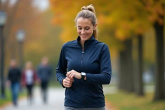 Femme d'une cinquantaine d'années mesurant sa vitesse de marche avec une montre GPS dans un parc urbain en automne