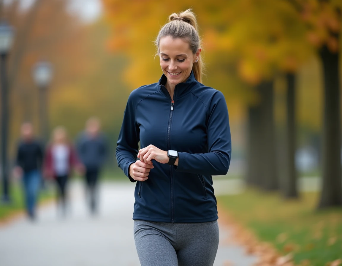 Femme d'une cinquantaine d'années mesurant sa vitesse de marche avec une montre GPS dans un parc urbain en automne